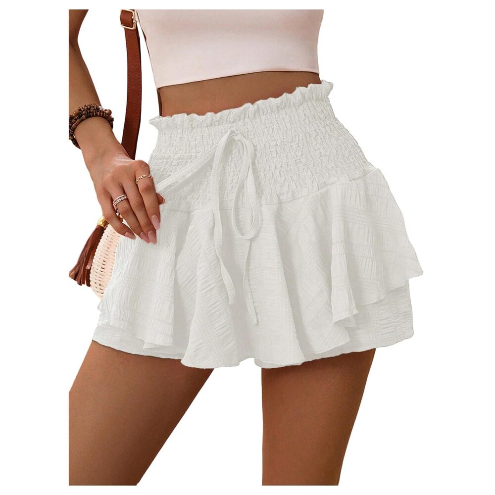 2671 Summer Mini Skorts Tie Front High Waist Smocked Ruffle Hem Cute Skirt